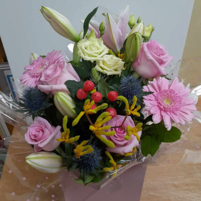 Roses & Ruffles - Pink Roses and Carnations make this gift timeless and classic